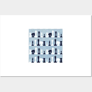Chess Pieces on Textured Denim Blue Posters and Art
